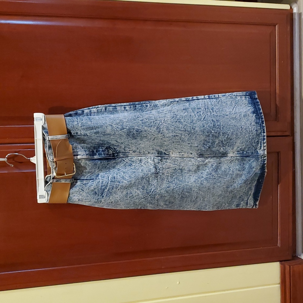 Vintage Blue Denim Maxi Skirt with Tan Belt Acid Wash